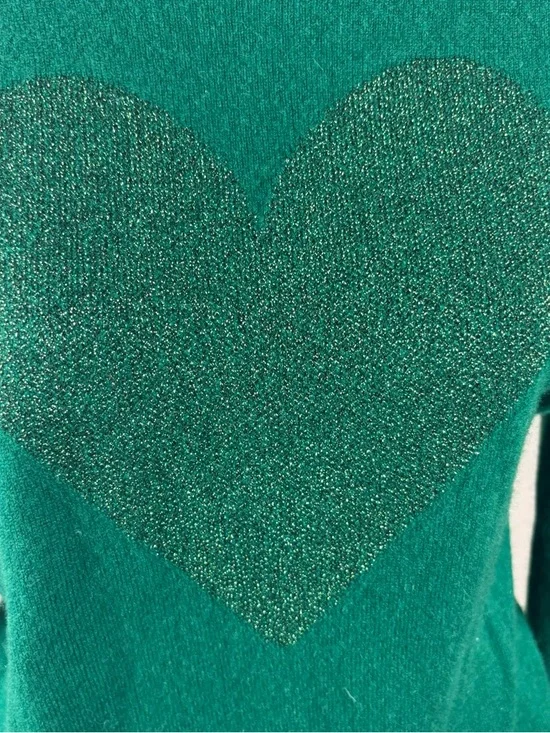 J. Crew Kelly Green Sparkle Heart Cashmere Sweater Women’s Size Medium - Picture 4 of 10